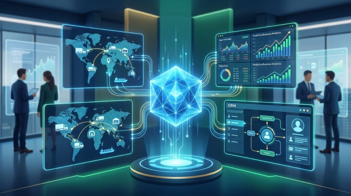 A futuristic diagram of an autonomous AI agent managing interconnected business operations