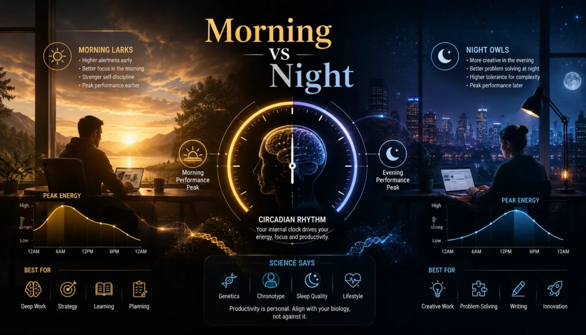 Productivity science illustration comparing morning people and night owls through circadian rhythm and performance patterns