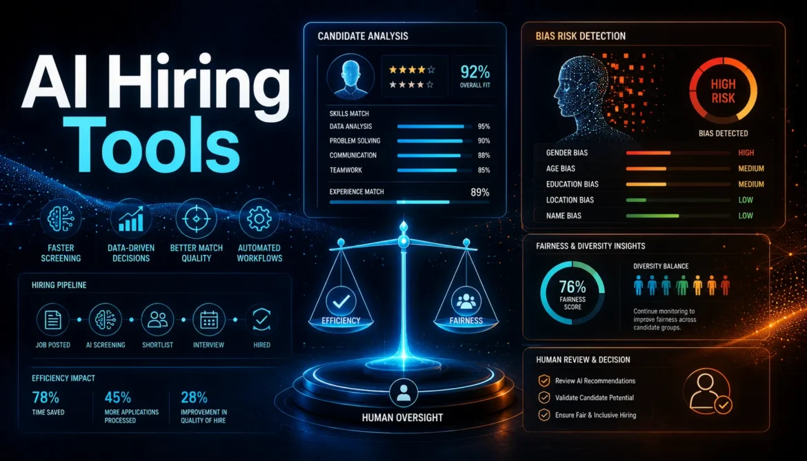 AI powered hiring platform showing recruitment analytics candidate screening and bias evaluation systems