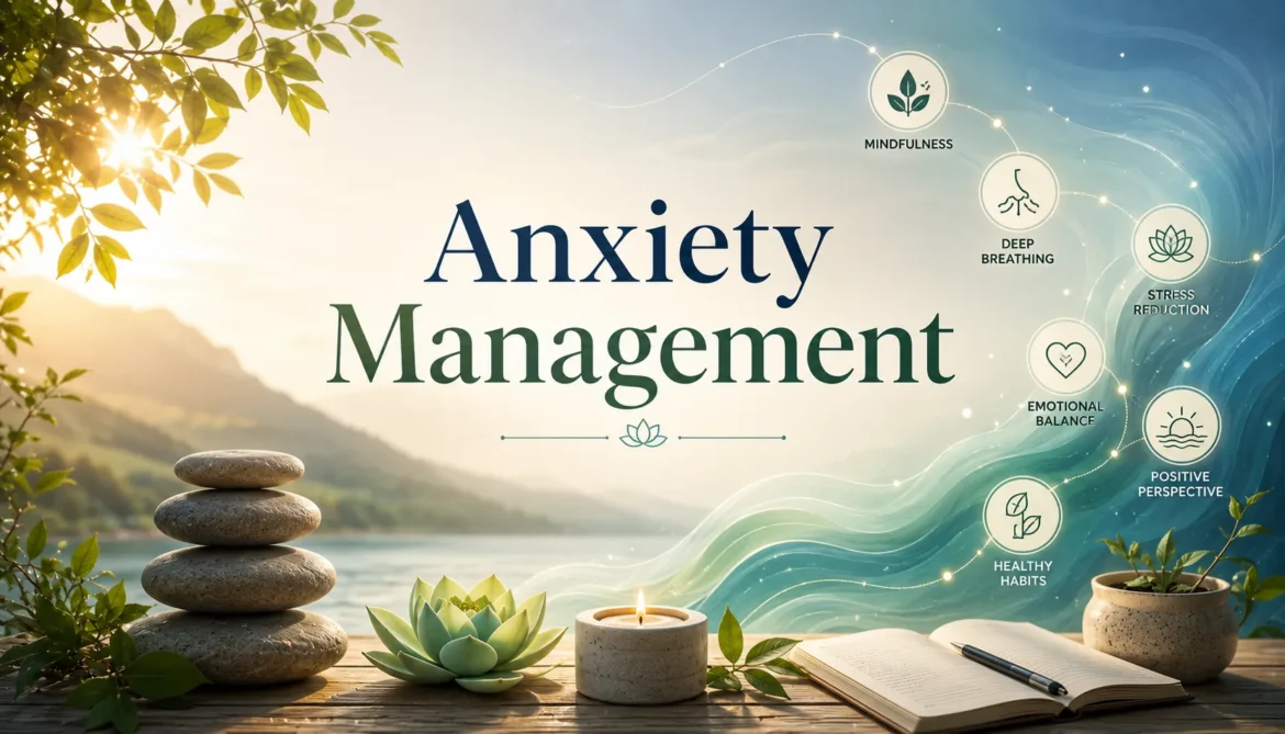 Mental wellness illustration showing mindfulness breathing exercises and anxiety management techniques