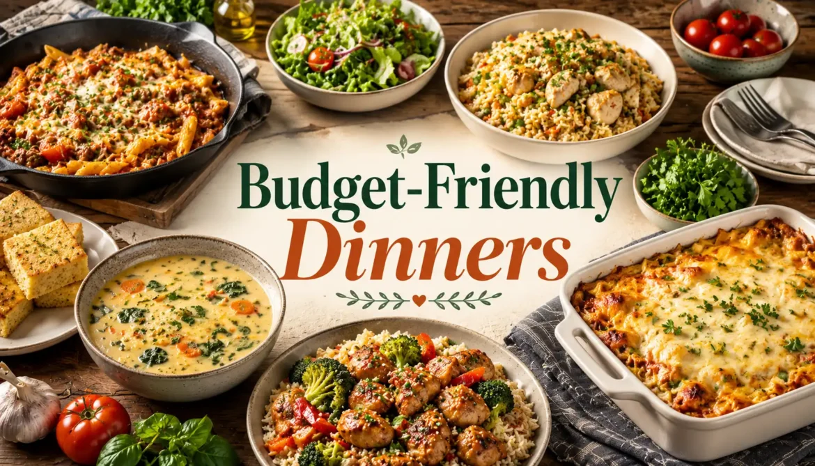 Budget friendly family dinner meals including pasta rice dishes vegetables and casseroles