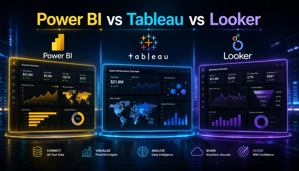 Business intelligence platforms comparison showing analytics dashboards reporting tools and data visualization systems