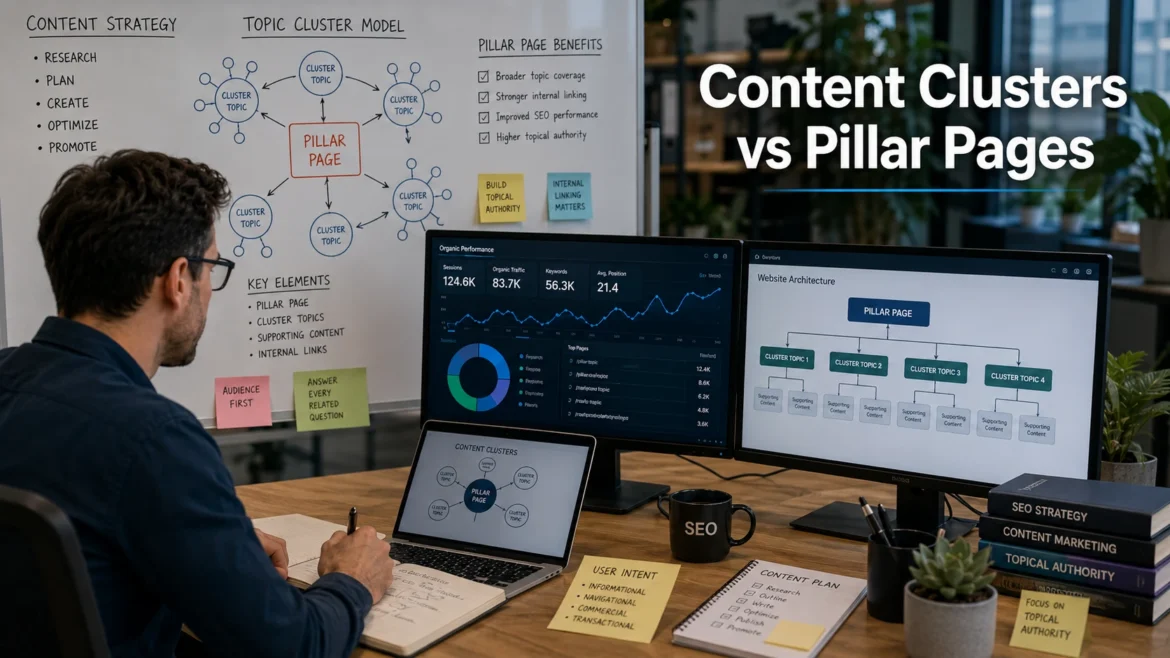 Content clusters vs pillar pages visual for SEO strategy and topic architecture
