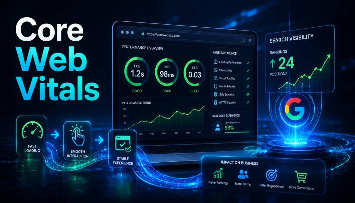 Core Web Vitals dashboard showing website performance metrics and Google ranking signals