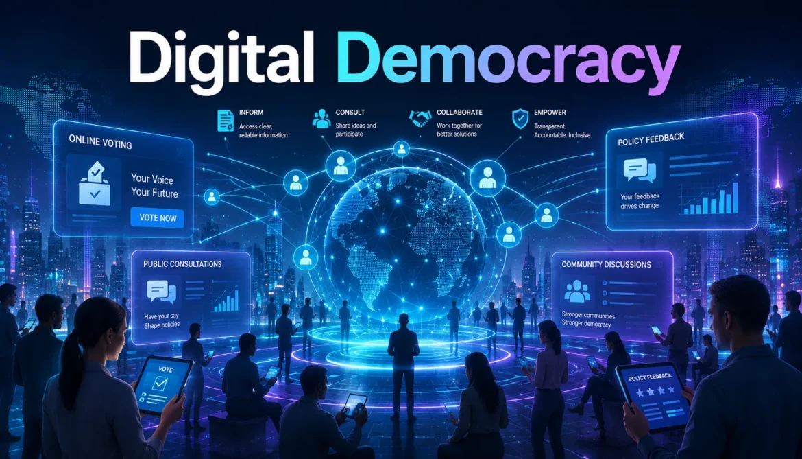 Digital democracy platform showing online citizen participation governance technology and civic engagement systems