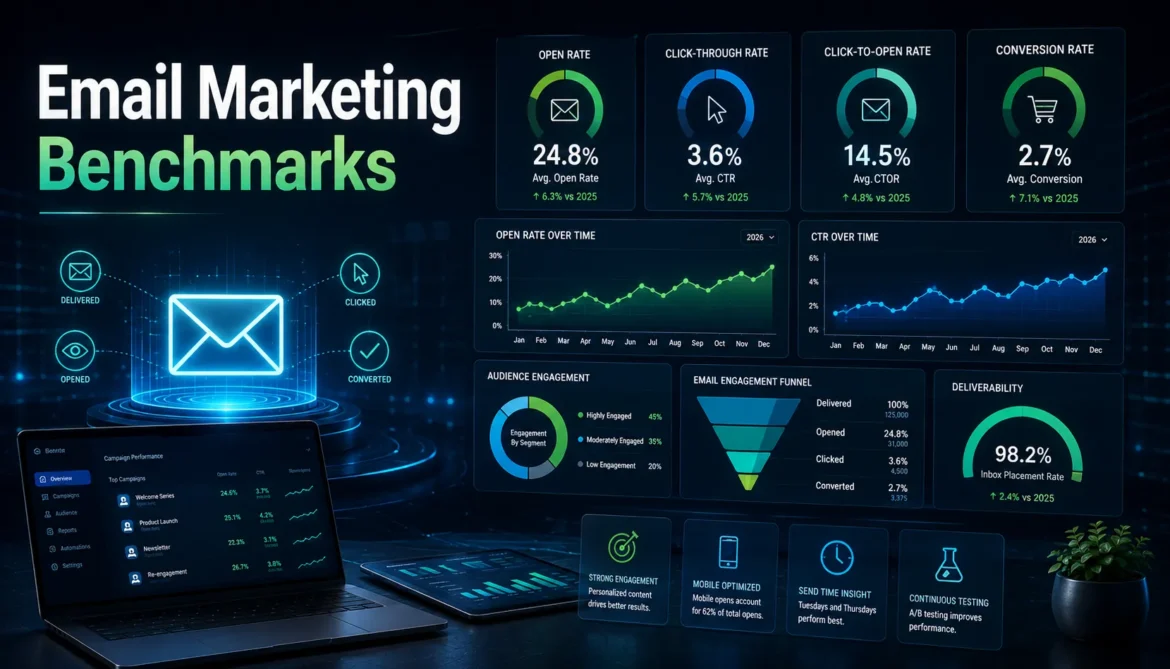 Email marketing analytics dashboard showing open rates click through rates and campaign performance metrics