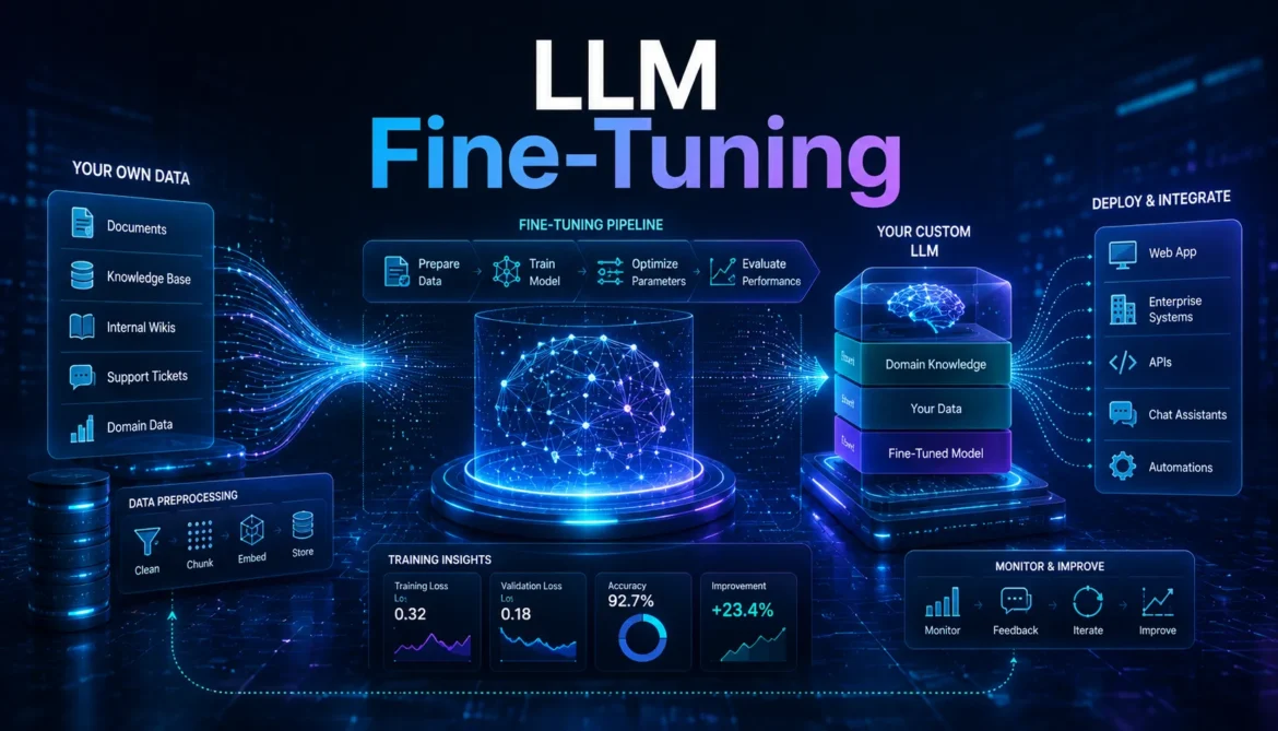 LLM fine tuning workflow showing custom datasets AI training pipelines and enterprise model deployment