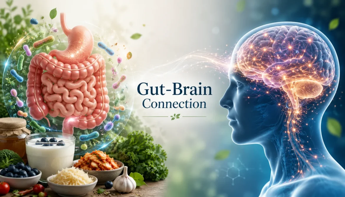 Illustration showing the connection between gut health, digestion and mental wellbeing