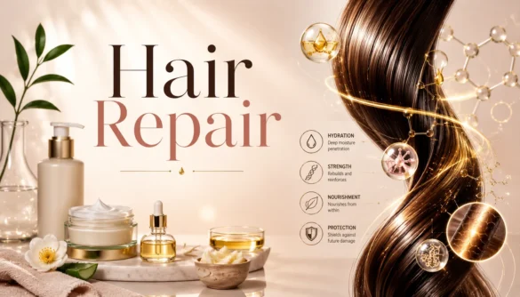 Hair repair illustration showing hydration strengthening treatments and healthy hair restoration