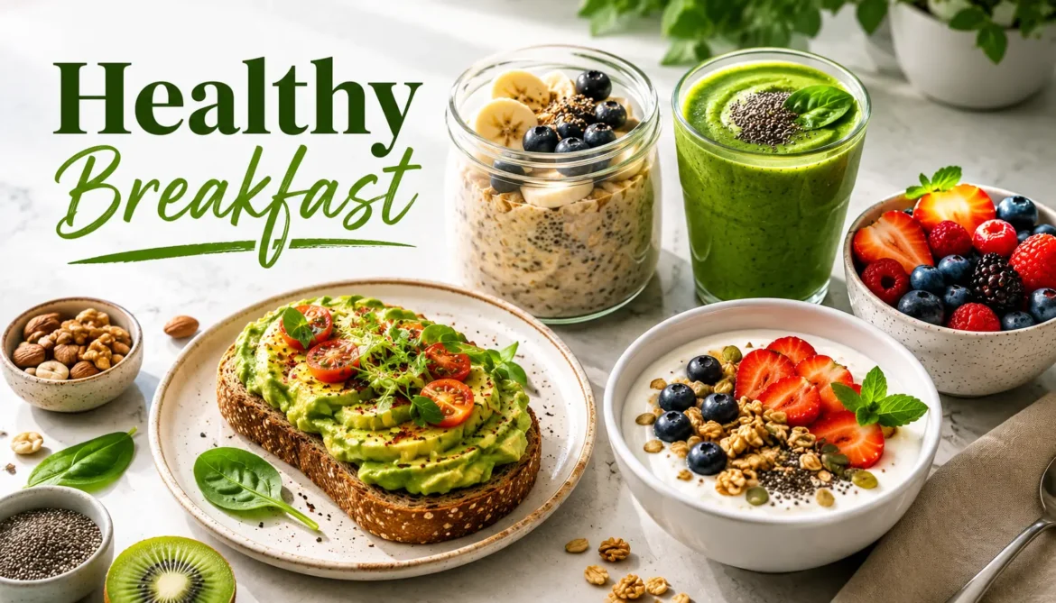 Healthy breakfast ideas including avocado toast yogurt berries and overnight oats prepared in under ten minutes