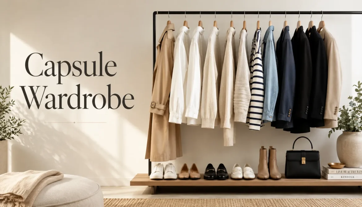 Minimal capsule wardrobe with timeless clothing essentials organized on a modern clothing rack