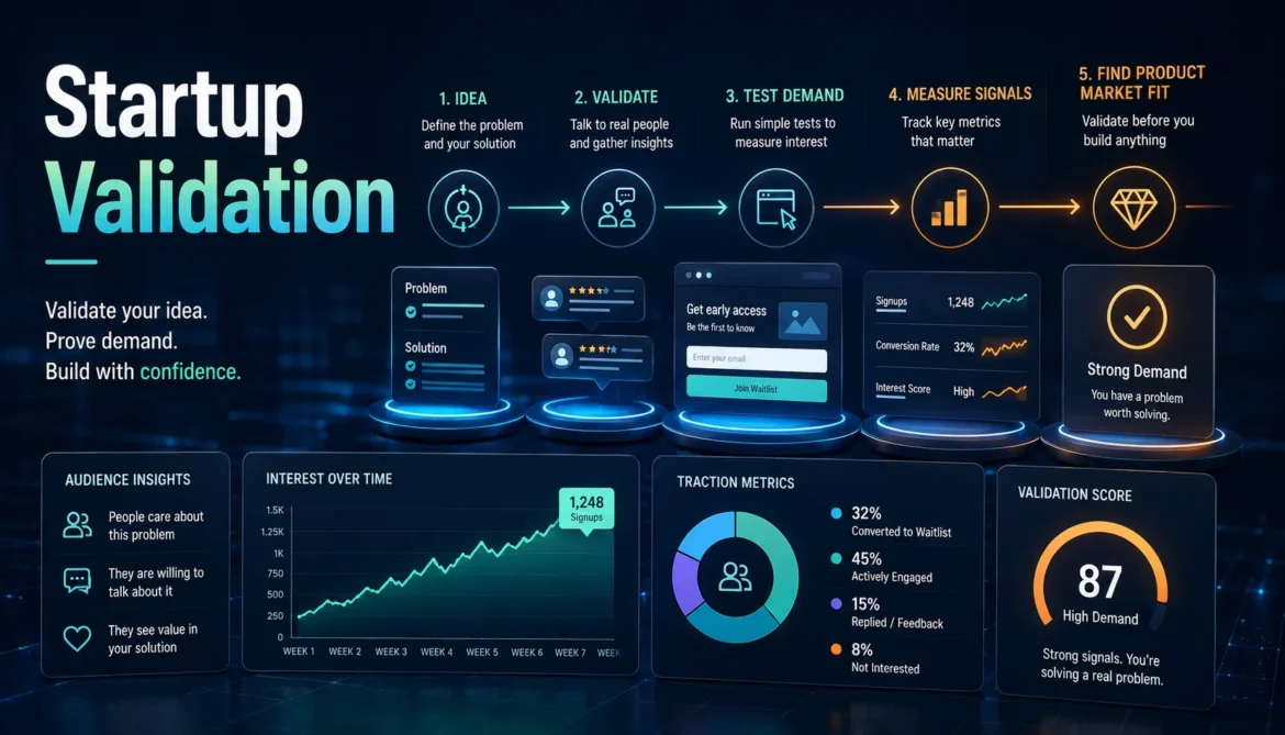 Startup idea validation dashboard showing customer feedback market demand testing and product market fit indicators