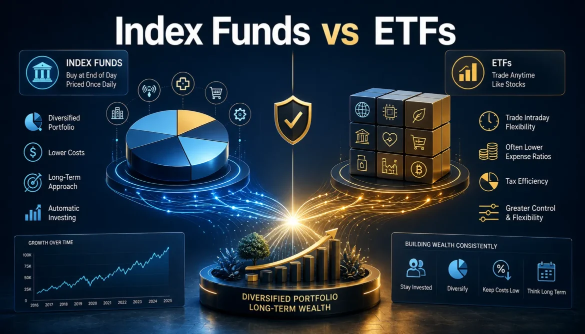 Comparison of index funds and ETFs showing portfolio diversification and long term investing strategies