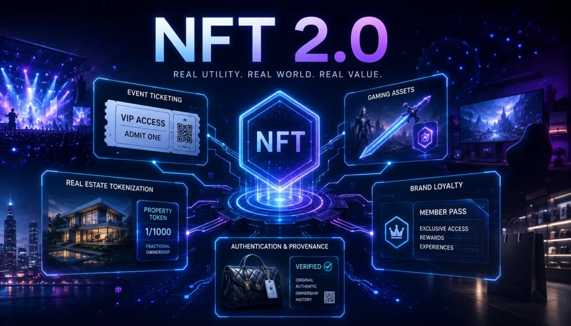 NFT 2.0 ecosystem showing ticketing gaming real estate tokenization and digital authentication applications