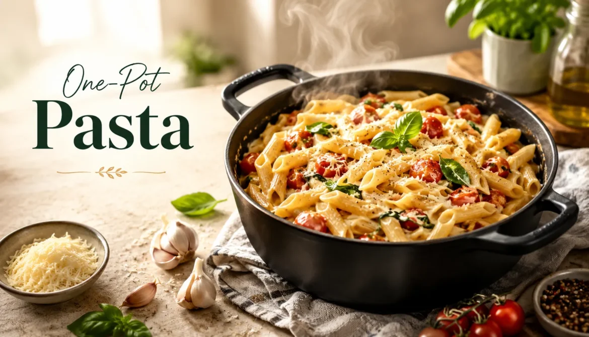 One-pot creamy pasta recipe with parmesan cheese, basil and cherry tomatoes ready in under 20 minutes