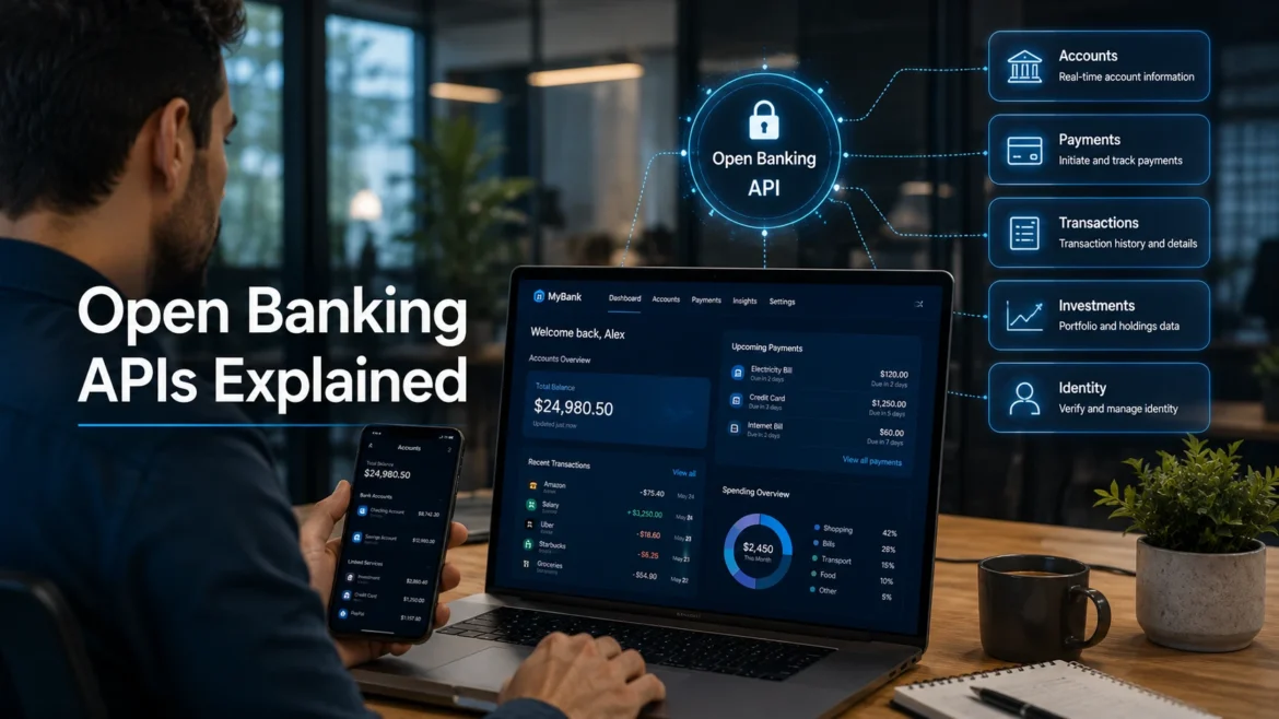 Open Banking APIs explained with fintech dashboards and secure banking integration