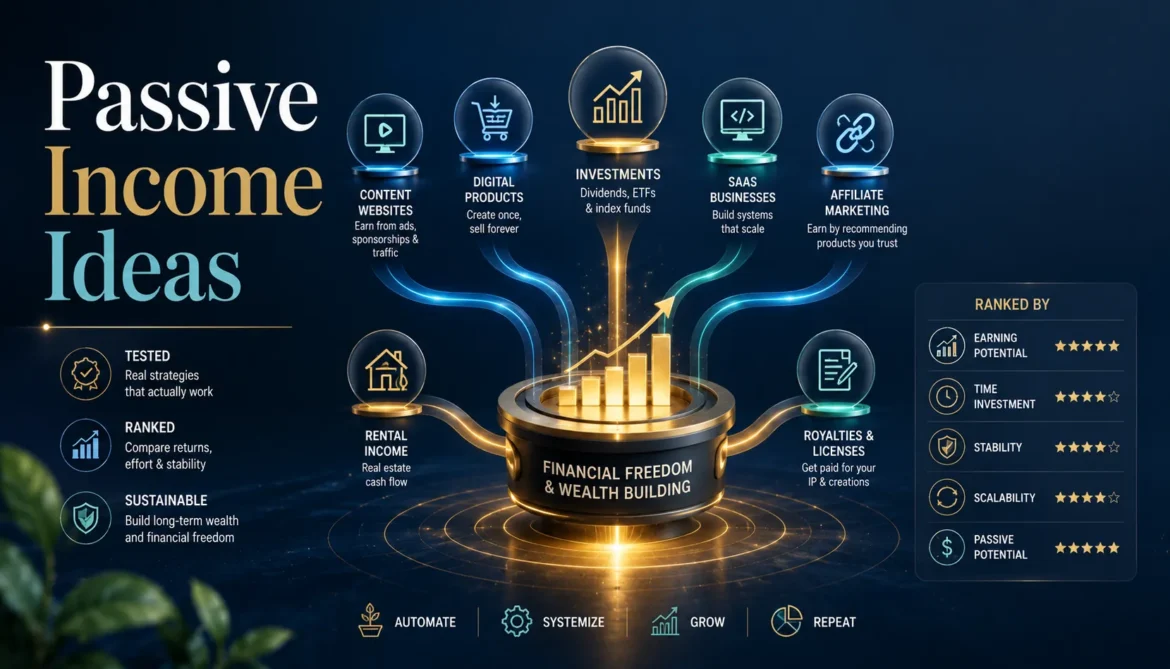 Passive income ecosystem showing multiple income streams investments digital businesses and automated revenue sources
