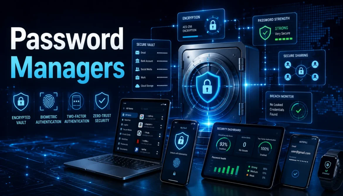 Password manager security dashboard showing encrypted vaults authentication systems and privacy protection