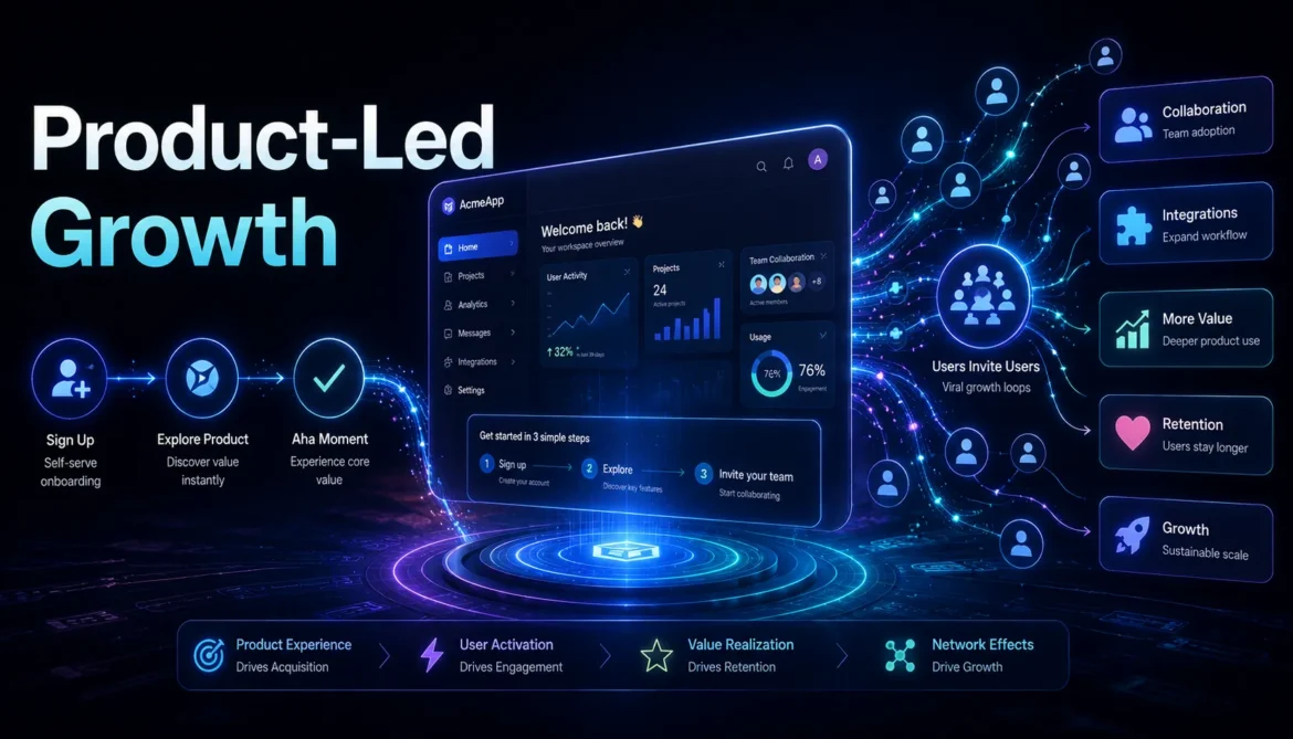 Product-led growth SaaS platform showing self-serve user adoption and organic software growth
