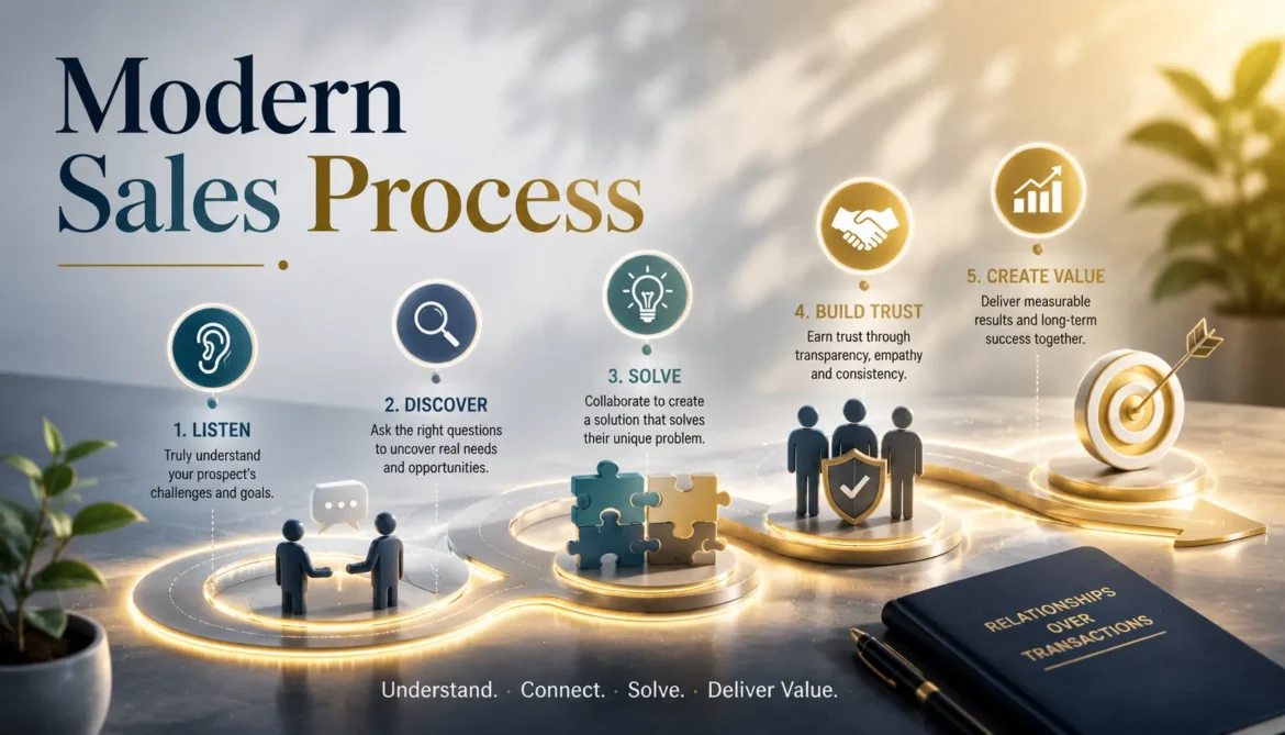 Consultative sales process showing trust building customer relationships and value driven selling