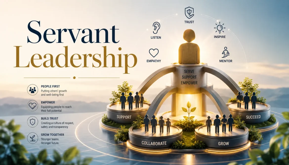 Servant leadership framework showing employee empowerment trust building and people first leadership