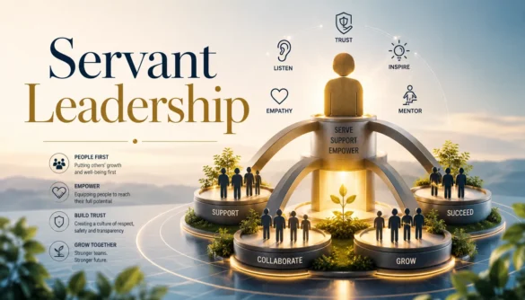 Servant leadership framework showing employee empowerment trust building and people first leadership