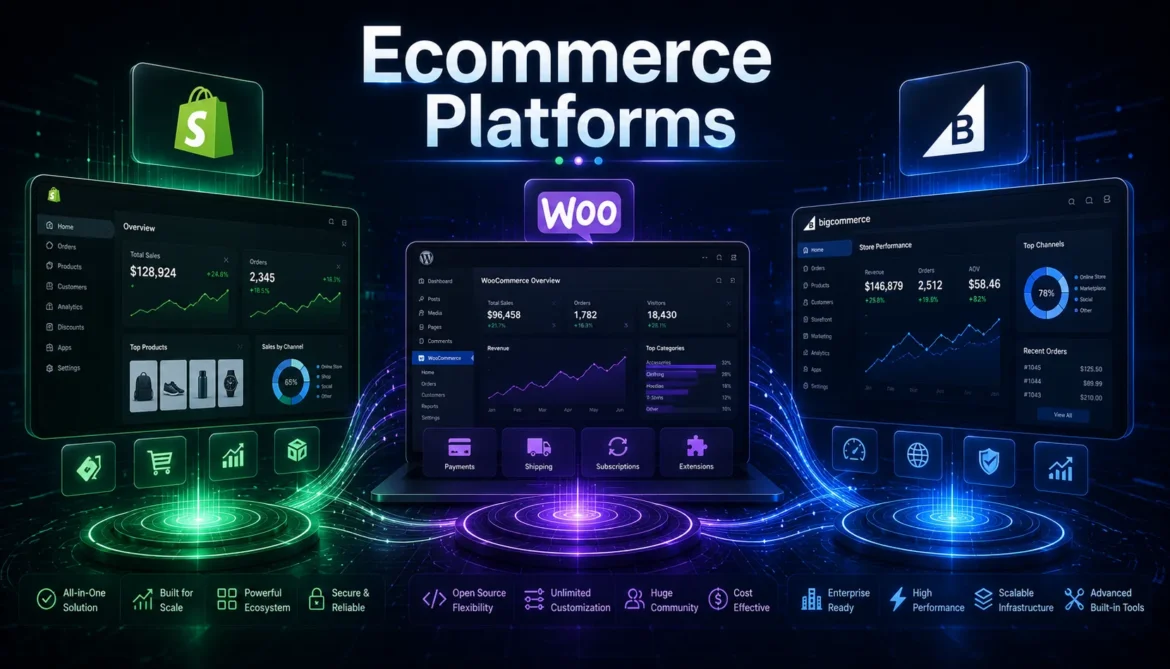 Comparison of leading ecommerce platforms with online store dashboards and business growth analytics