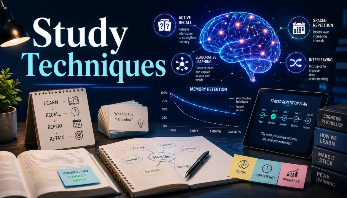 Science-backed study techniques showing memory retention active recall and effective learning methods