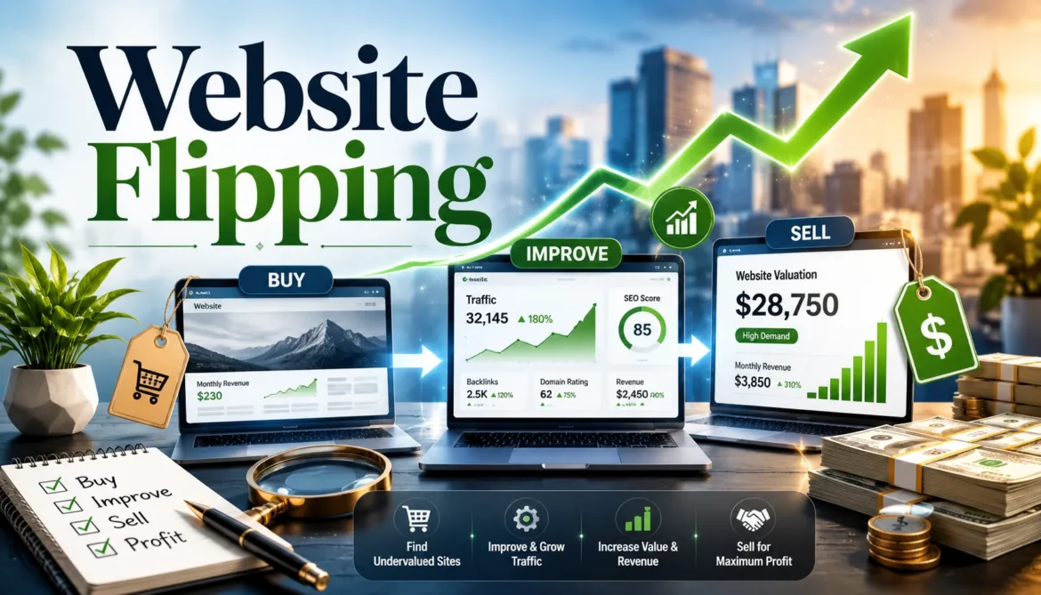 Website flipping concept showing website acquisition growth optimization and profitable resale