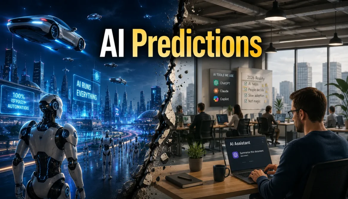 AI predictions versus reality showing the gap between futuristic forecasts and actual AI adoption