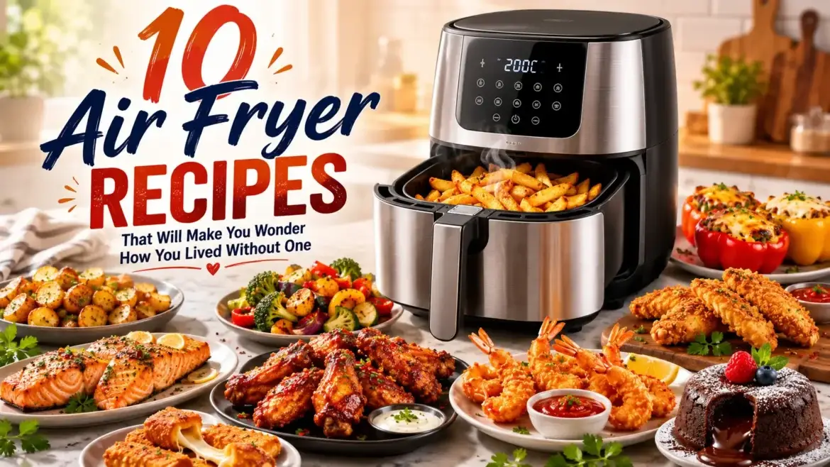 Modern stainless steel air fryer surrounded by crispy homemade recipes including chicken wings, fries, salmon, vegetables, shrimp and dessert.