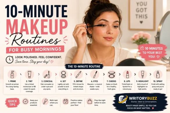 Woman following a simple 10-minute makeup routine with quick beauty steps for busy mornings and a polished everyday look.