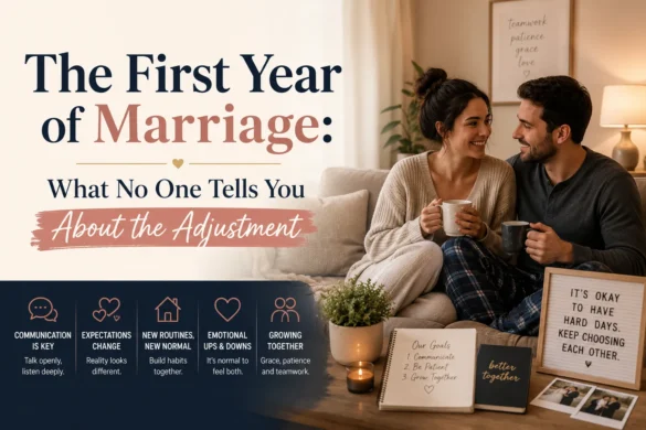 Newly married couple adjusting to their first year of marriage while building communication, trust, and healthy relationship habits at home.