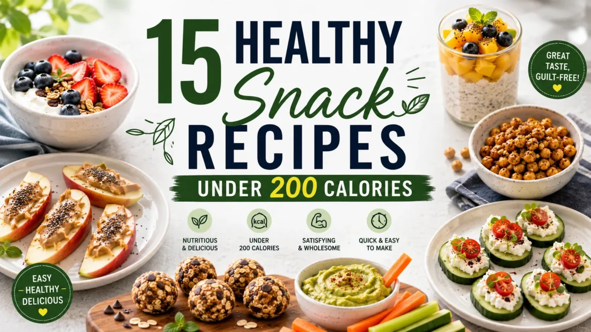Healthy low-calorie snack recipes including yogurt parfaits, apple slices with peanut butter, chia pudding, roasted chickpeas, energy bites, hummus, and fresh vegetables under 200 calories.