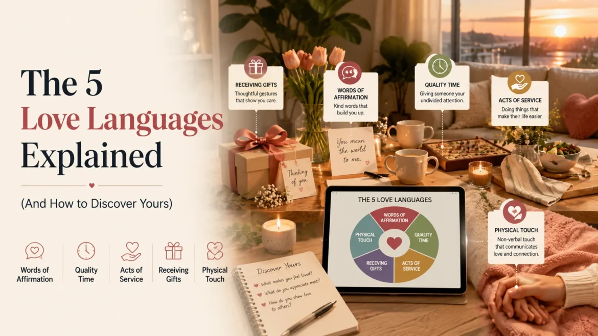 The five love languages explained with symbols for words of affirmation, quality time, acts of service, receiving gifts, and physical touch in a warm, modern living room.