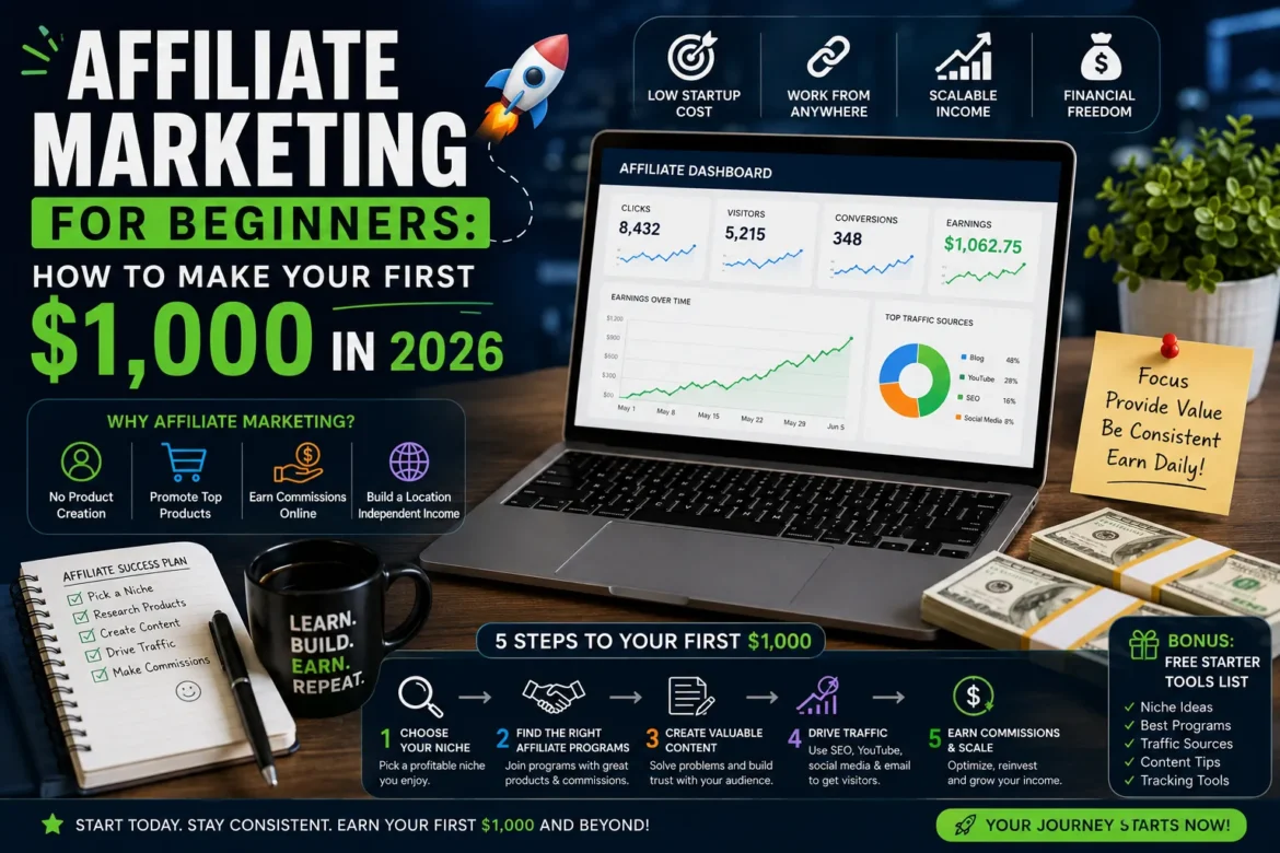 Affiliate marketing dashboard showing beginner roadmap, earnings growth, and strategies to earn the first $1,000 online in 2026.