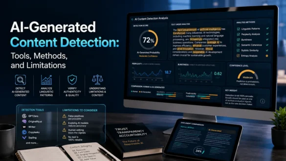 AI-generated content detection dashboard analyzing text with AI detection tools, linguistic patterns, confidence scores, and content verification methods.