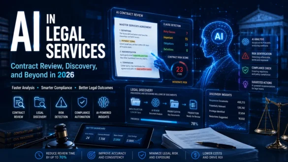 AI-powered legal services platform reviewing contracts, analyzing compliance risks, and automating legal discovery processes in 2026