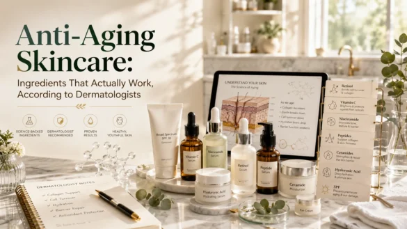 Anti-aging skincare products featuring retinol, vitamin C, niacinamide, peptides, ceramides, hyaluronic acid, and SPF recommended by dermatologists.
