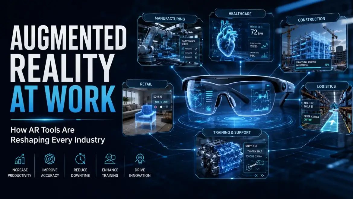 Augmented reality smart glasses displaying holographic interfaces across manufacturing, healthcare, construction, retail, logistics, and workforce training.