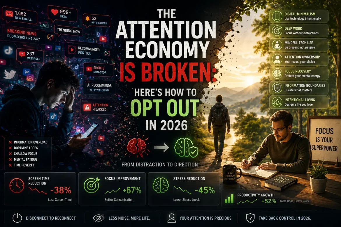 The attention economy is broken in 2026, showing digital overload versus intentional living, deep work, focus recovery, and digital minimalism.