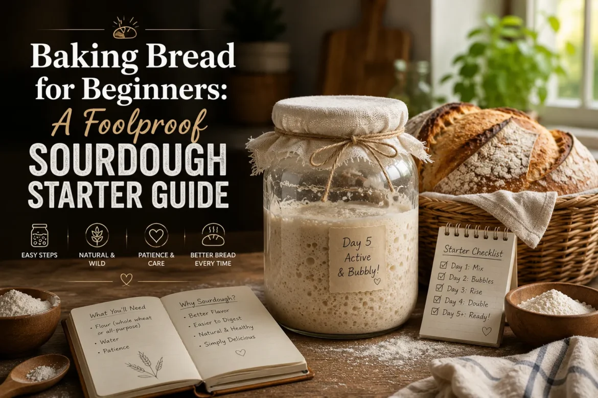 Fresh sourdough starter in a glass jar with artisan bread and baking ingredients for a beginner's sourdough bread guide.
