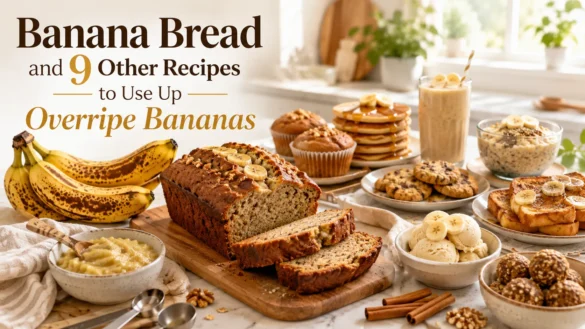 Freshly baked banana bread with overripe bananas and a variety of easy banana recipes including pancakes, muffins, cookies, smoothies, and healthy snacks.