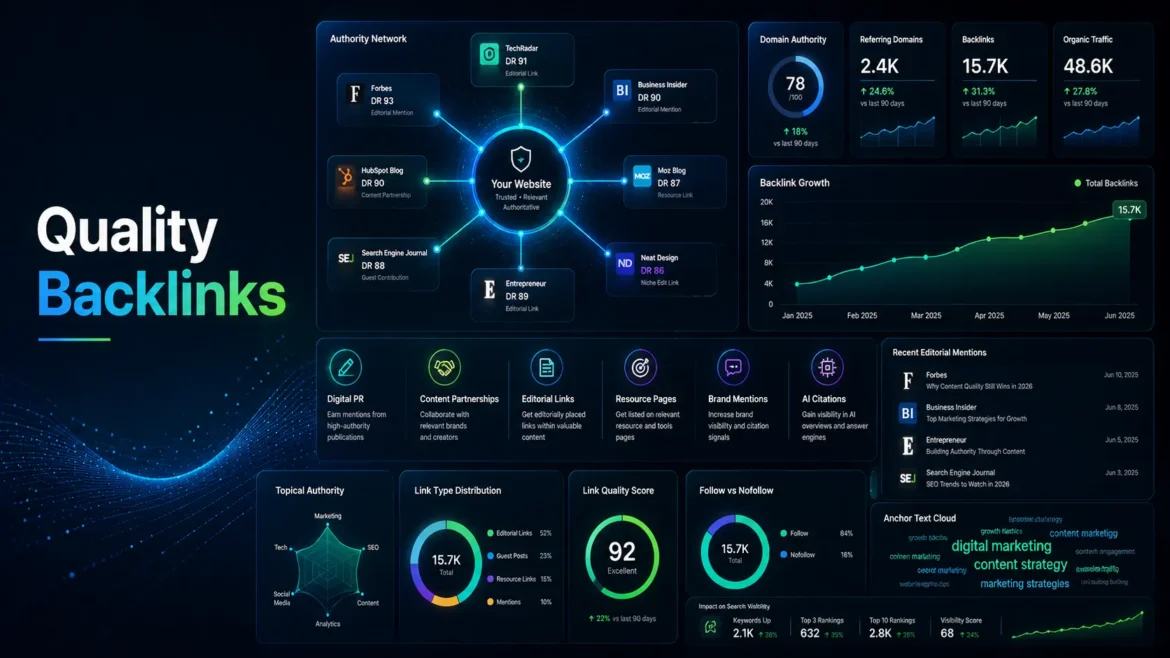 Modern SEO authority dashboard showing quality backlinks, referring domains, digital PR coverage, editorial mentions and organic backlink growth for ethical SEO in 2026.