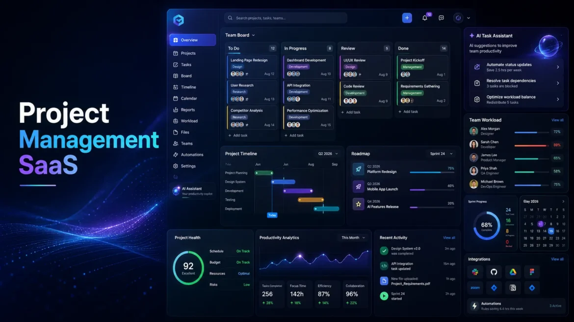 Modern project management SaaS dashboard featuring Kanban boards, AI task automation, sprint planning, team collaboration and productivity analytics for enterprise teams in 2026.