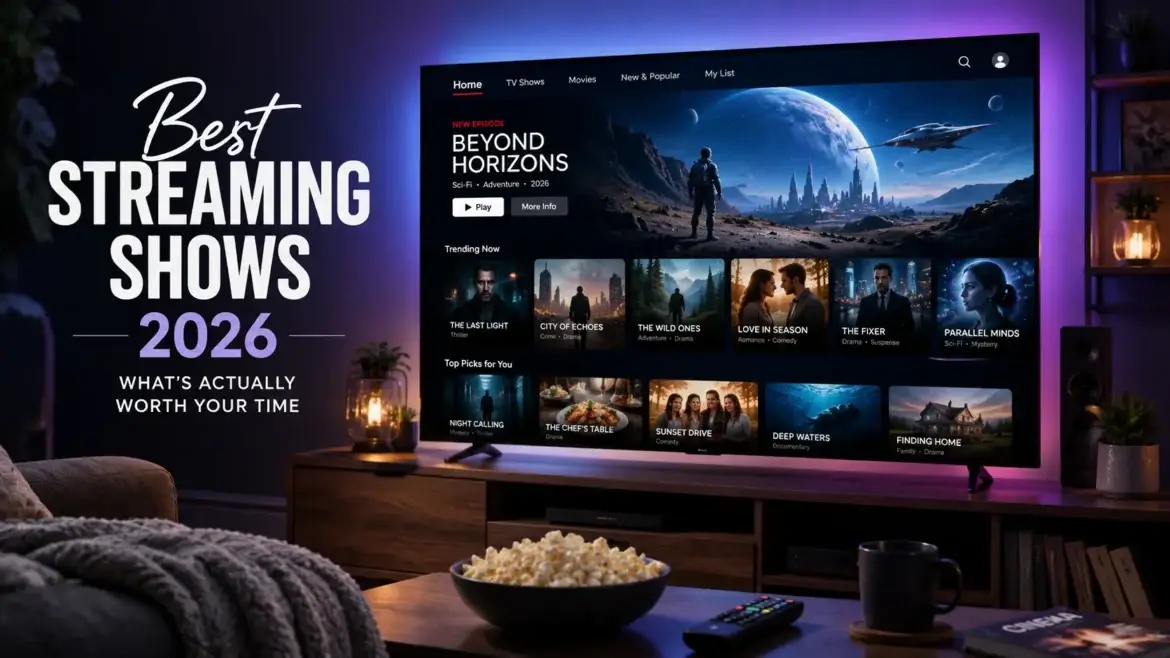 Modern smart TV displaying a premium streaming platform interface with fictional TV shows in a cozy home entertainment setup.