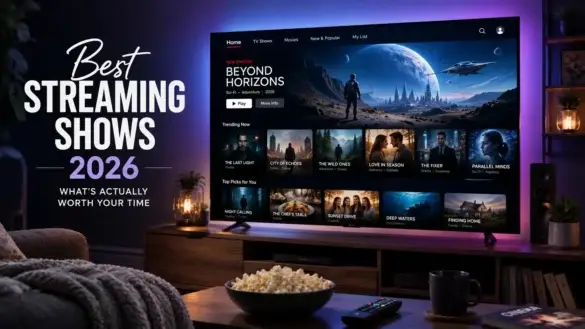 Modern smart TV displaying a premium streaming platform interface with fictional TV shows in a cozy home entertainment setup.