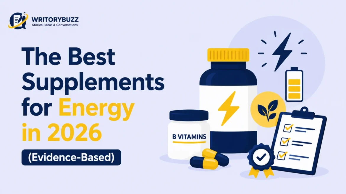 Minimalist illustration of energy supplements, vitamins, capsules, and evidence-based nutrition for improving energy levels in 2026