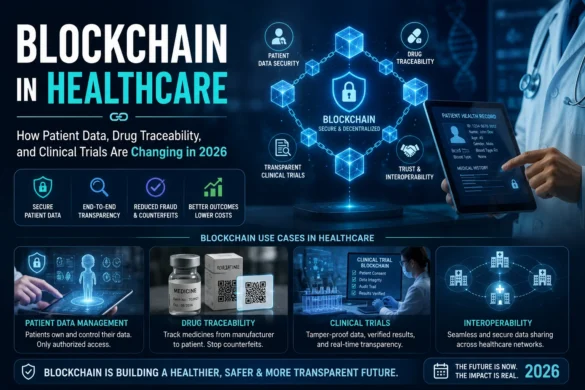 Blockchain healthcare network securing patient data, enabling drug traceability, and improving clinical trial transparency in 2026
