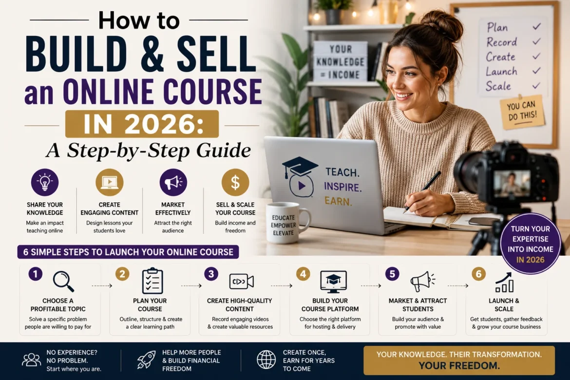 Creator building and selling an online course in 2026 using content creation, marketing strategies, and digital education platforms